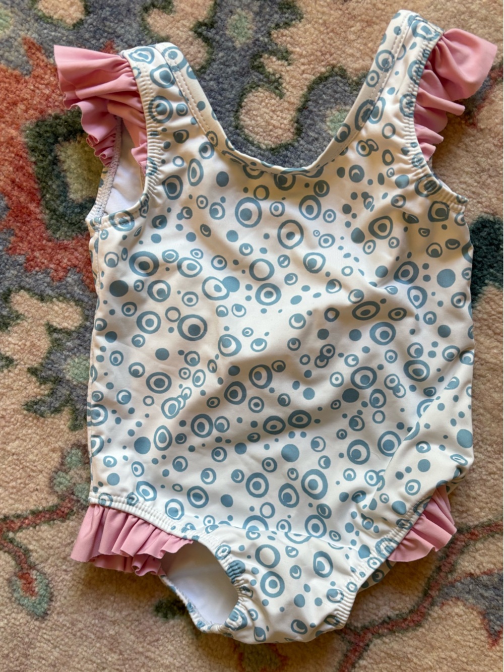 Little English White Swimsuit with Blue Bubble Print and Pink Ruffles